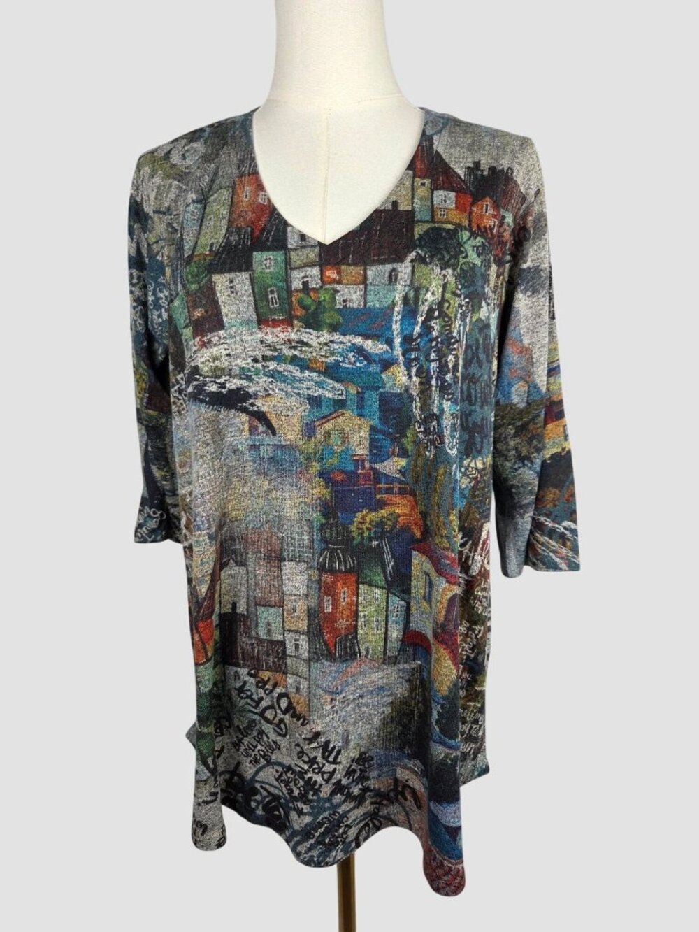 INOAH Abstract Village Knit Tunic Top‎ Sz L Artsy Lagenlook Wearable Art EUC